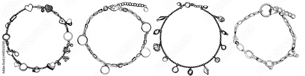 Variety of vector illustration icons showcasing different bracelet designs with charms and links Variety of vector illustration icons showcasing different bracelet designs with charms and links