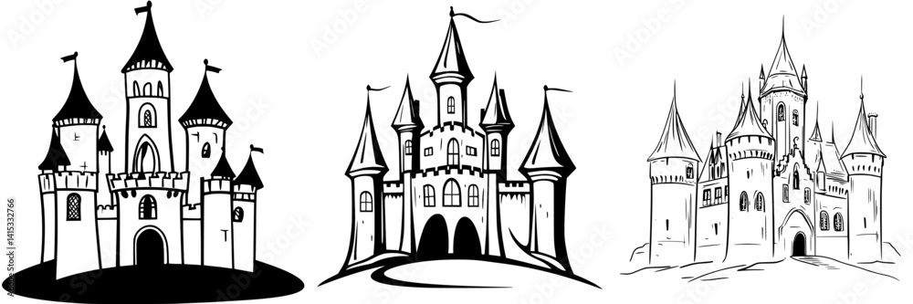 Vector illustration of three distinct castle designs showcasing various architectural styles and features Vector illustration of three distinct castle designs showcasing various architectural styles and features