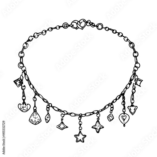 Vector illustration of a decorative charm bracelet featuring various unique pendants and a stylish chain