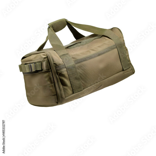 Olive drab army duffle bag floating on a transparent background, perfect for travel and adventure projects