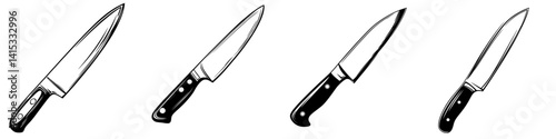 Various knife designs illustrated in a vector style showcasing different shapes, sizes, and handle styles for culinary purposes