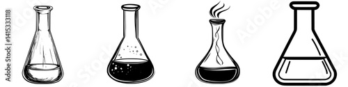 Vector illustration icons of laboratory glassware including flasks and beakers representing scientific experimentation