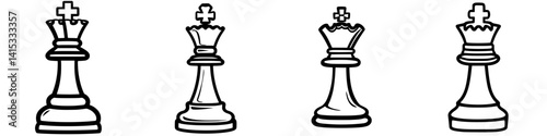 Vector illustration of four chess king pieces with simple outlines and distinct crowns showcasing elegance and tradition in board games