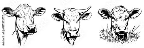 Vector illustration of three distinct cow heads showcasing different breeds and expressions in a minimalist black and white design