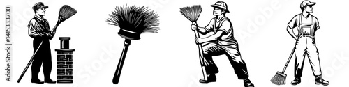 Vintage vector illustration of chimney sweeps performing their duties with cleaning tools in a minimalist style