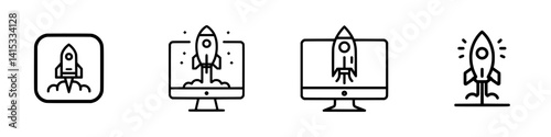 Vector illustration of rockets launching from screens, representing innovation and technology in digital art