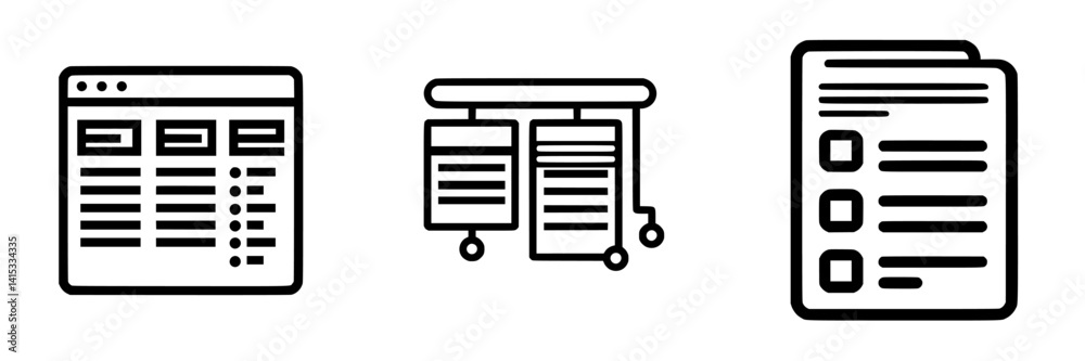 Vector illustration icons depicting a data table, a clipboard with lists, and a document with checkboxes for organization tasks Vector illustration icons depicting a data table, a clipboard with lists, and a document with checkboxes for organization tasks
