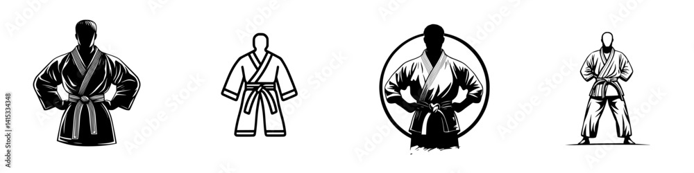 Stylish vector illustration icons of martial arts practitioners showcasing various poses and attire in dynamic black and white design Stylish vector illustration icons of martial arts practitioners showcasing various poses and attire in dynamic black and white design