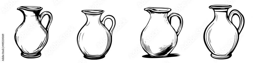 Vector illustration of four distinct pitcher designs showcased in a minimalistic style Vector illustration of four distinct pitcher designs showcased in a minimalistic style