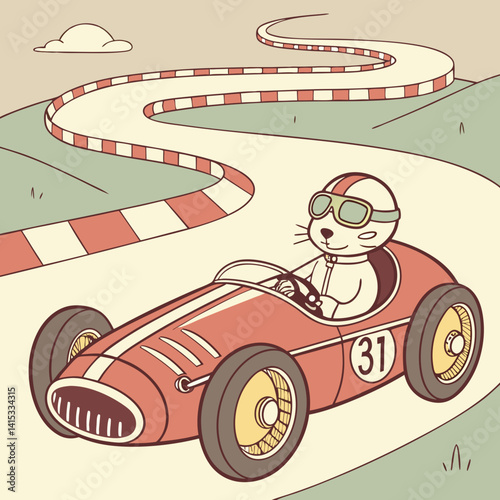 cat riding racer formula one car in retro vintage art style vector illustration
