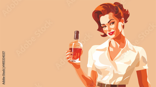 Elegant Female Waitress with Vodka Bottle on Beige Background