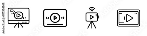 Collection of vector illustration icons representing video playback and streaming solutions for digital content viewing