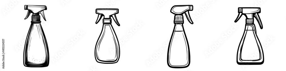 Vector illustration of various spray bottles for cleaning and household use in a minimalist style Vector illustration of various spray bottles for cleaning and household use in a minimalist style