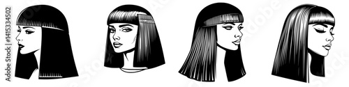 Stylized vector illustration of four different hairstyle designs for women showcasing modern and classic looks