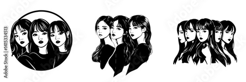 Stylized vector illustration of four women with varying hairstyles and expressions in a minimalist design