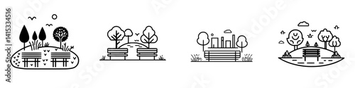 Vector illustration showcasing a peaceful park environment with benches and trees in different styles and perspectives