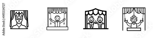 Vector illustration of puppet theater performances featuring characters and puppeteers engaging with the audience