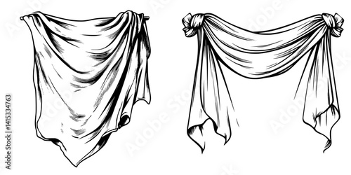 Elegant vector illustration of draped fabric in two poses showcasing artistic folds and knots for design and decoration purposes