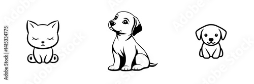 Cute pet vector illustrations featuring a cat and two puppies in a simple and playful style for animal lovers