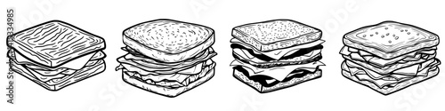 Delicious vector illustrations of gourmet sandwiches stacked high with fresh ingredients and unique flavors