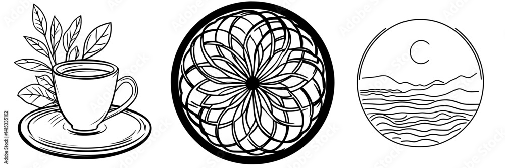 Vector illustration of a teacup, intricate mandala design, and serene landscape in a minimalist style Vector illustration of a teacup, intricate mandala design, and serene landscape in a minimalist style