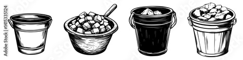 Variety of buckets filled with different materials displayed in a minimalistic vector illustration style