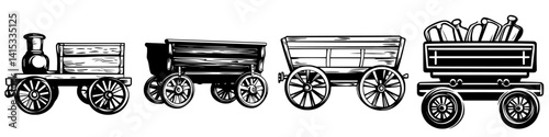 Vector illustration icon featuring vintage train cars with various cargo types and detailed wheel designs for graphic use