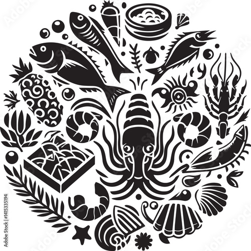 Comprehensive Seafood and Marine Life Icon Set in Solid Black, Featuring Various Sea Creatures and Shellfish