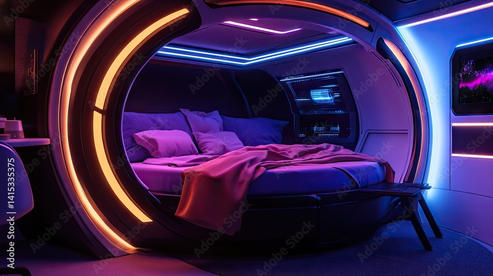 Fototapeta premium A futuristic circular bed in a spaceship bedroom, highlighted by vibrant neon lights.