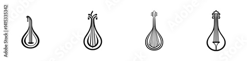 Vector illustration icons of various string musical instruments with distinctive shapes, highlighting artistic design and cultural influence