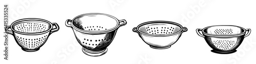 Different styles of kitchen colanders used for draining pasta and washing vegetables in cooking activities