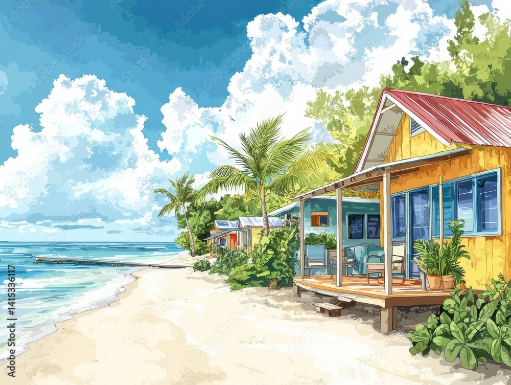 Fototapeta premium Charming beachside cottage with palm trees under a bright sky and tranquil ocean waves.