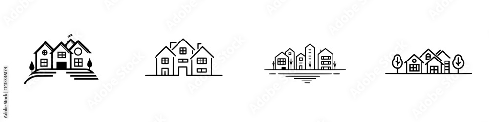 Vector illustration of various house designs representing modern residential architecture in an urban setting