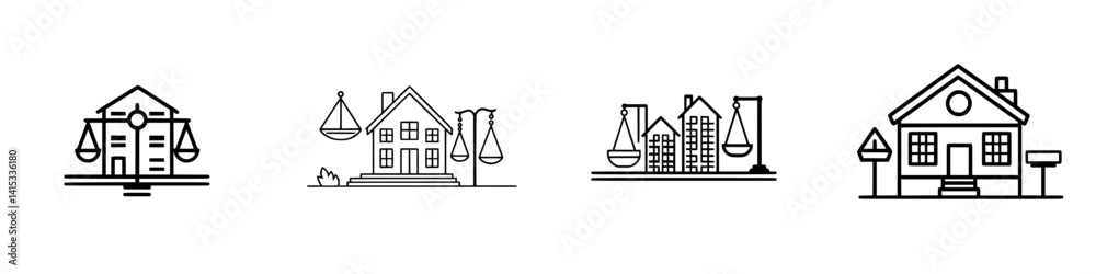 Vector illustration of legal icons representing property law and real estate concepts in a minimalist style