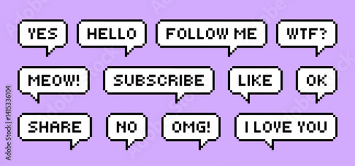 Set of pixel art speech bubbles for Social media. Subscribe, Follow me, share. Nostalgia arcade. Retro game style dialogue box and icons. Modern vector illustration.