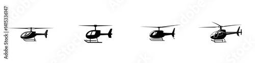 Vector illustration of helicopters in various positions depicting flight and movement dynamics in air transportation