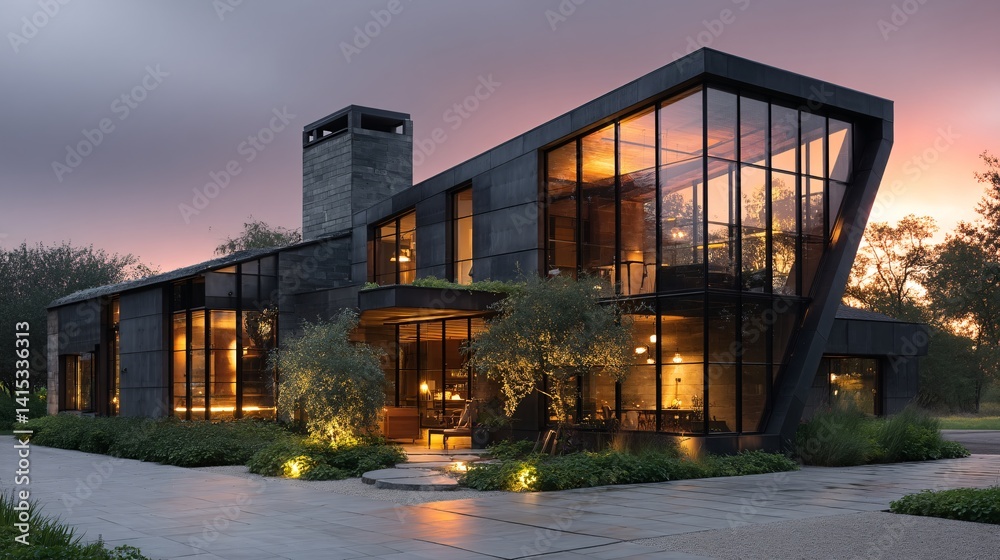 Fototapeta premium Modern Architectural House with Glass Facade at Sunset Twilight