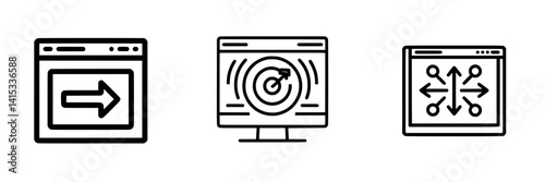 Vector illustration icons representing navigation, target focus, and data flow in digital environments for modern applications