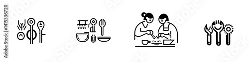 Kitchen utensils and cooking activities illustrated as vector icons for culinary enthusiasts and food lovers