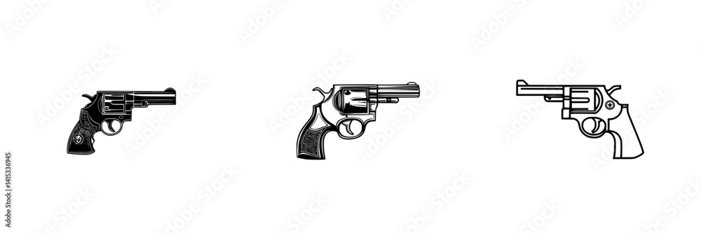 Vector illustration icons of three distinct revolvers with varying designs and styles for digital use Vector illustration icons of three distinct revolvers with varying designs and styles for digital use