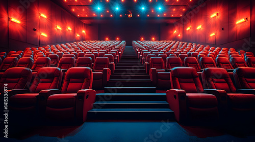 Interior view featuring rows of red seats in a cinema theater dimly lit with rows of stairs and overhead lights