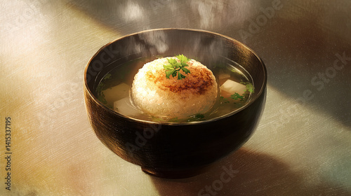 Obraz na płótnie Grilled rice ball in miso soup softening edge warm s w salonie