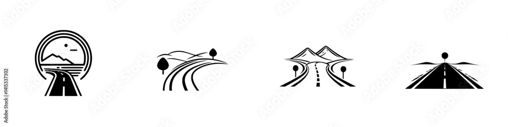 Vector illustration icons depicting various road landscapes with mountains, trees, and scenic views