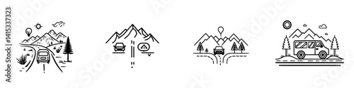 Vector illustration depicting various outdoor travel scenes with mountains, roads, and vehicles in a minimalist style