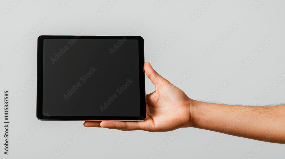 hand holding thin tablet with blank screen, showcasing modern technology and digital communication hand holding thin tablet with blank screen, showcasing modern technology and digital communication