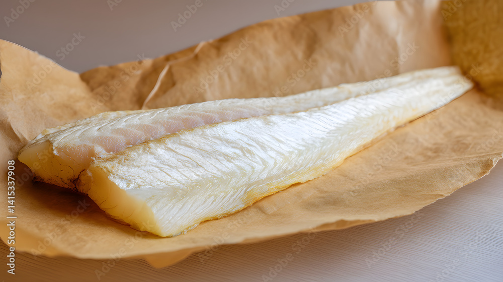 Ultra-detailed Undyed Smoked Haddock Fillet on Brown Paper Background for Culinary and Seafood Use Ultra-detailed Undyed Smoked Haddock Fillet on Brown Paper Background for Culinary and Seafood Use
