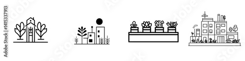 Vector illustration showcasing various urban landscapes with architectural elements and greenery
