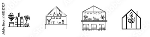 Stylized vector illustrations of a plant shop and bar with diverse greenery and modern design elements