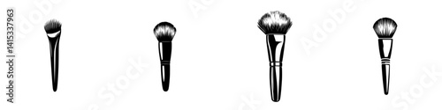 Collection of vector illustration icons of makeup brushes representing various styles and sizes suitable for beauty and cosmetic applications