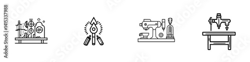 Vector illustration of industrial tools and equipment on a workshop table showcasing various machines for craftsmanship